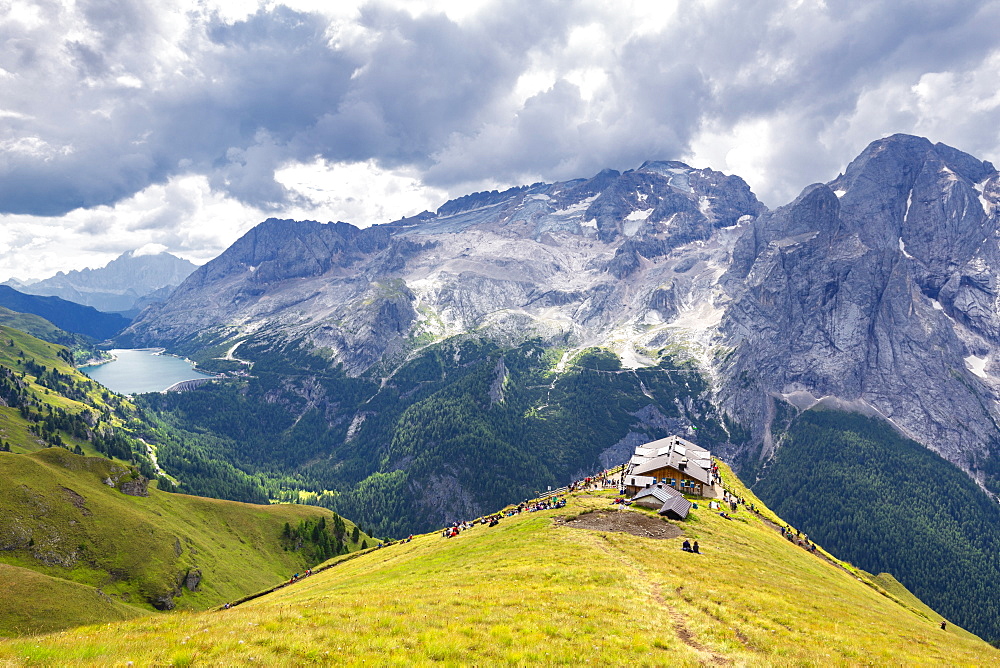 Viel del Pan Refuge with Marmolada in the background, Pordoi Pass, Fassa Valley, Trentino, Dolomites, Italy, Europe