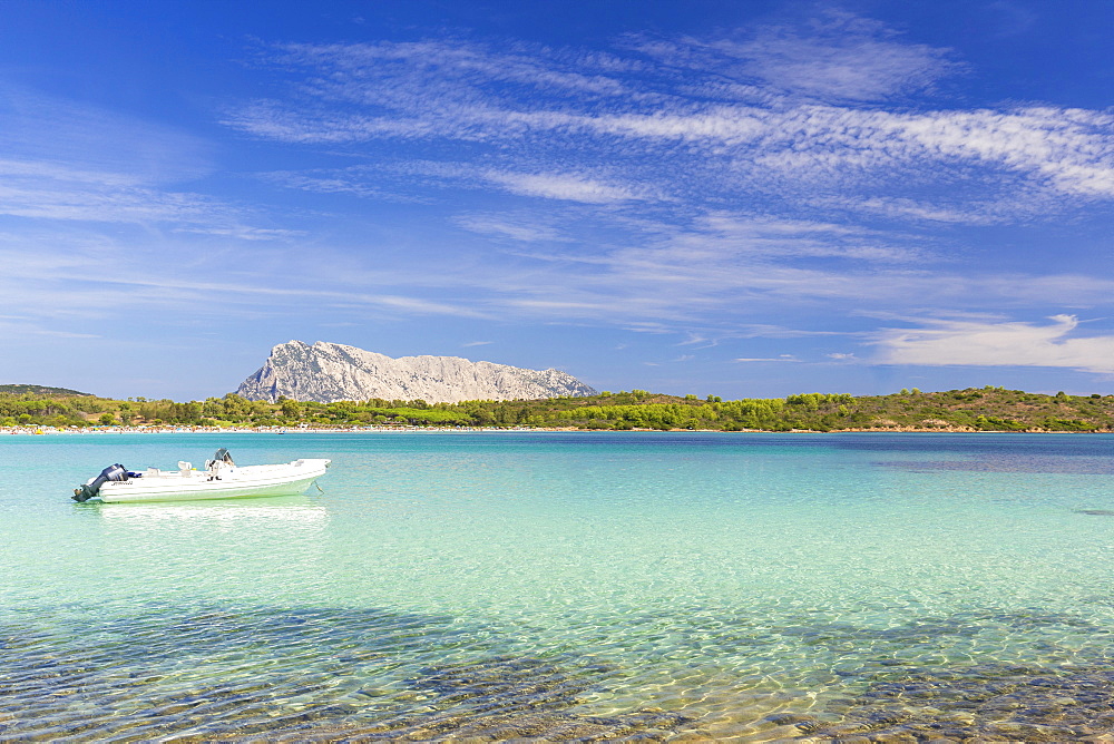 Moored boat at Cala Brandinchi, San Teodoro, Olbia Tempio province, Sardinia, Italy, Mediterranean, Europe