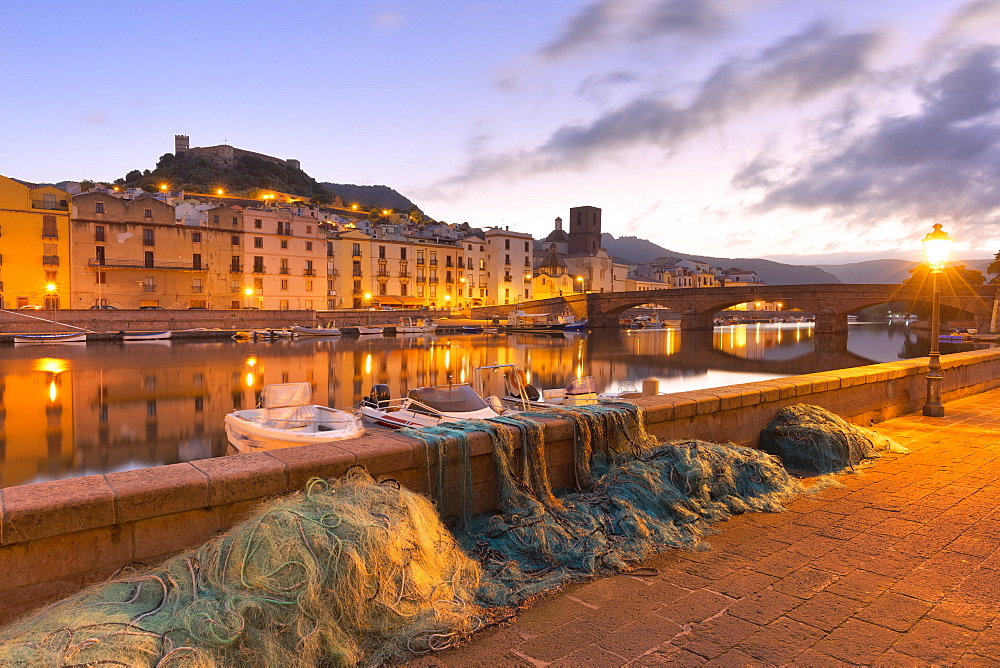 Fishing nets along the river during twilight, Bosa, Oristano province, Sardinia, Italy, Mediterranean, Europe