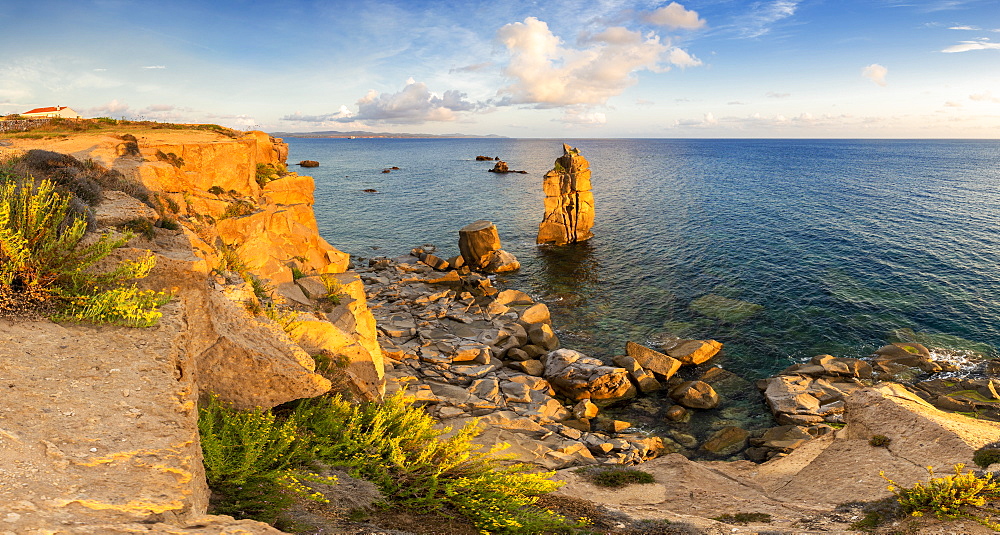 Panoramic view of the sunset at Colonne di Carloforte, San Pietro Island, Sud Sardegna province, Sardinia, Italy, Mediterranean, Europe