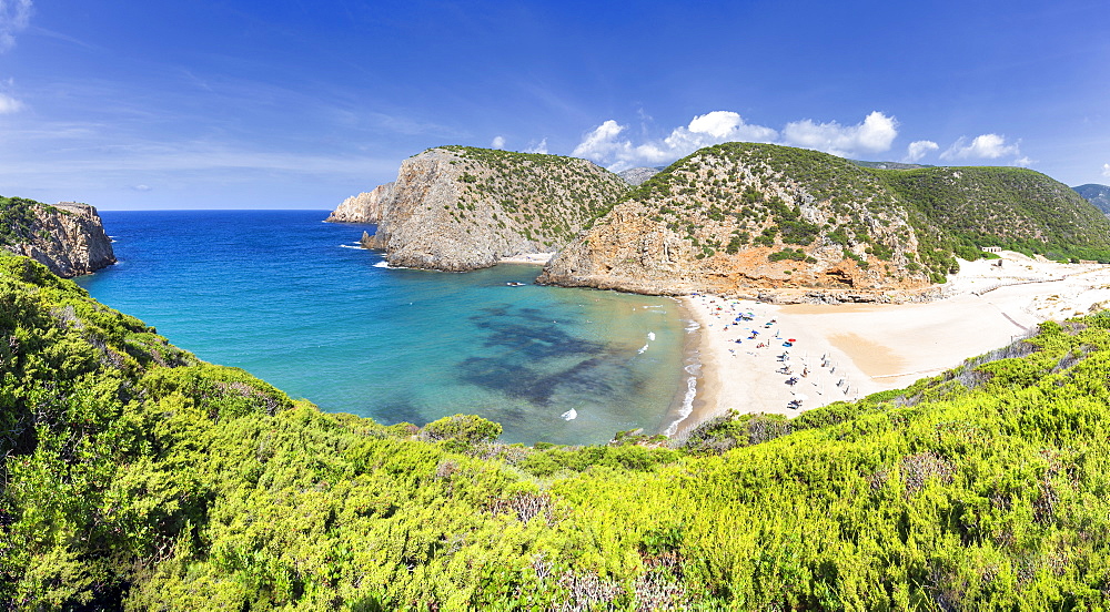 Panoramic view of the beach of Cala Domestica from above, Iglesias, Sud Sardegna province, Sardinia, Italy, Mediterranean, Europe