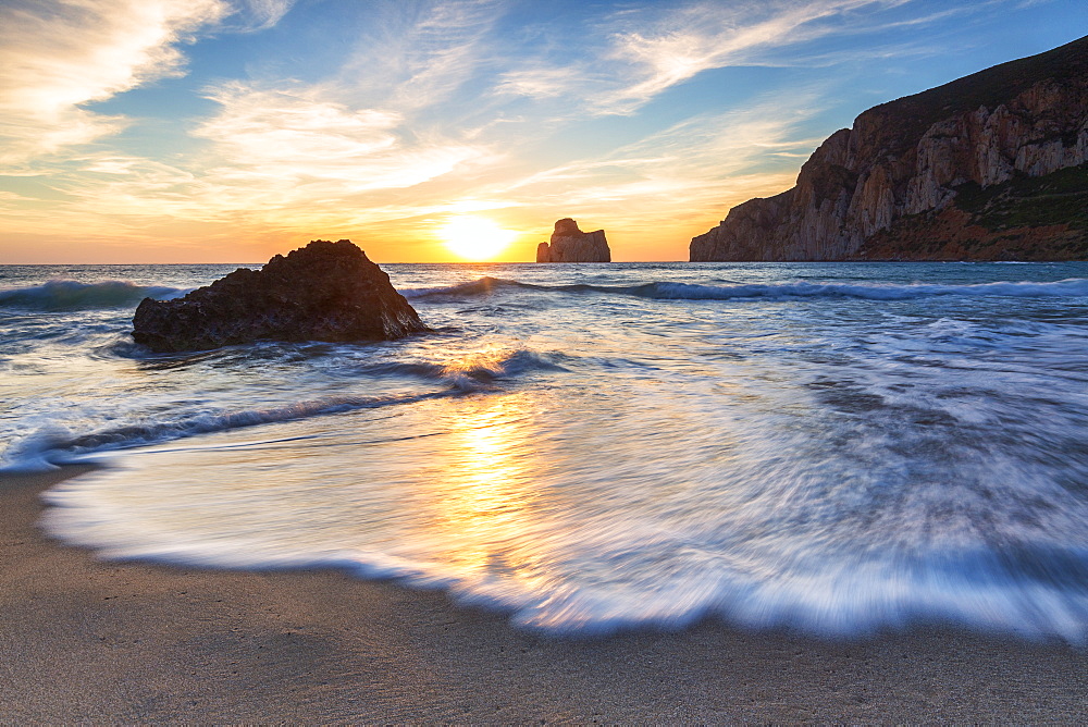 Waves at sunset on the Beach of Masua, Iglesias, Sud Sardegna province, Sardinia, Italy, Mediterranean, Europe