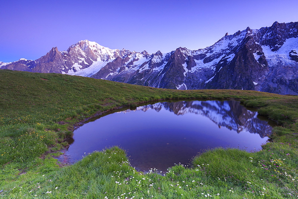 Twilight illuminates Mont Blanc, Mont de la Saxe, Ferret Valley, Courmayeur, Aosta Valley, Italy, Europe