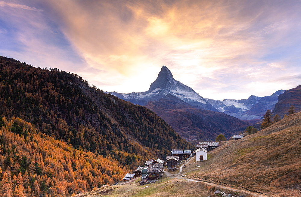 Village of Findeln by Matterhorn at sunset in Zermatt, Switzerland, Europe