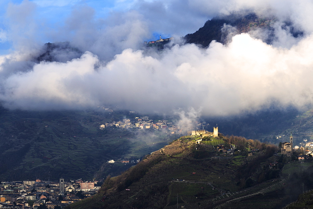 Grumello castle illuminated by sun, Sondrio, Valtellina, Lombardy, Italy, Europe