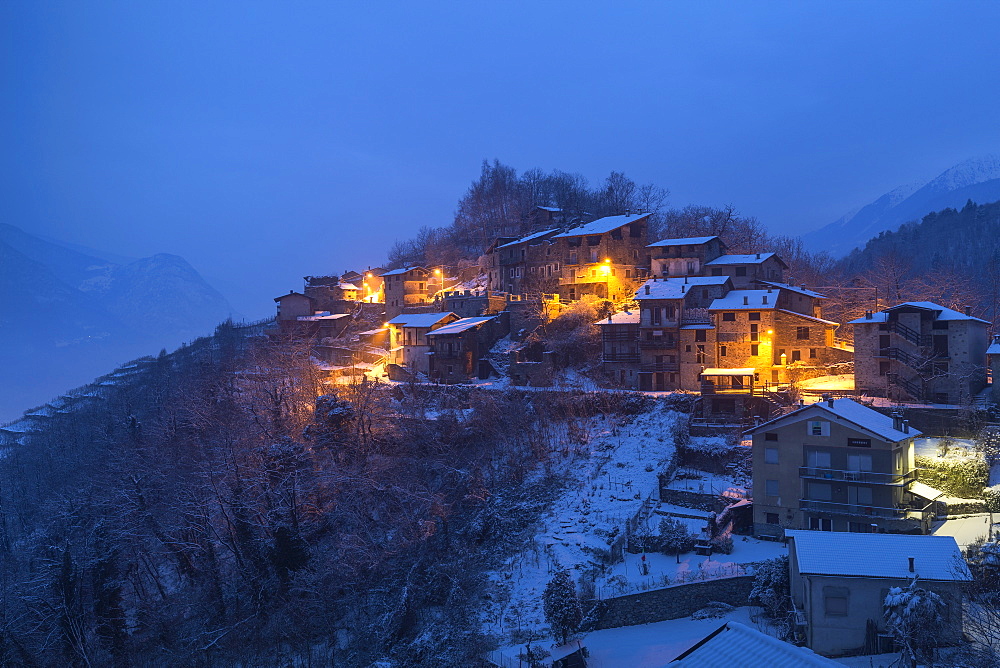 Twilight at the small village of Maroggia, Berbenno di Valtellina, Valtellina, Lombardy, Italy, Europe