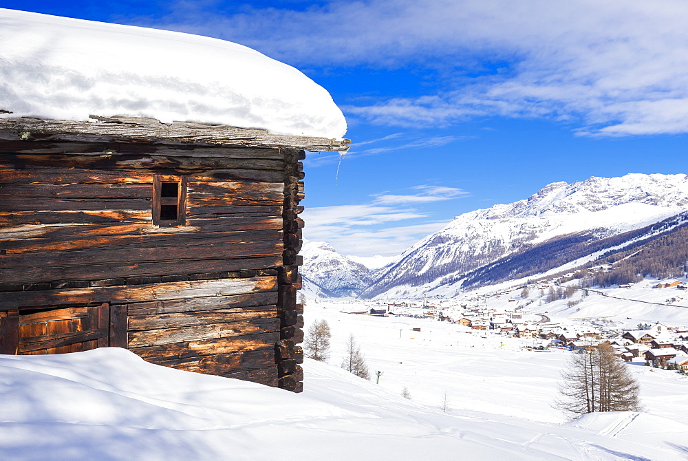 Tradiitional hut with view on the village, Livigno, Valtellina, Lombardy, Italy, Europe