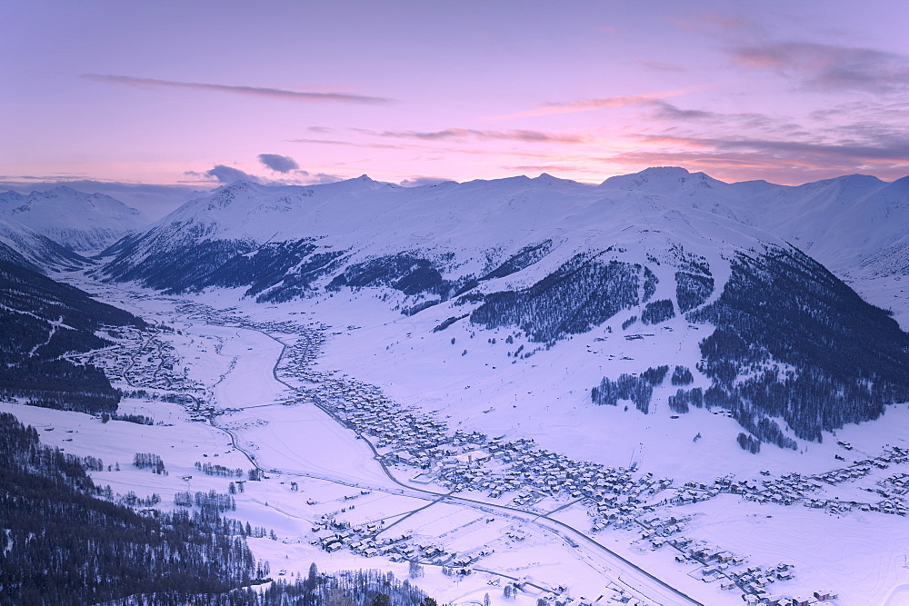 Elevated view of the village at sunset, Livigno, Valtellina, Lombardy, Italy, Europe