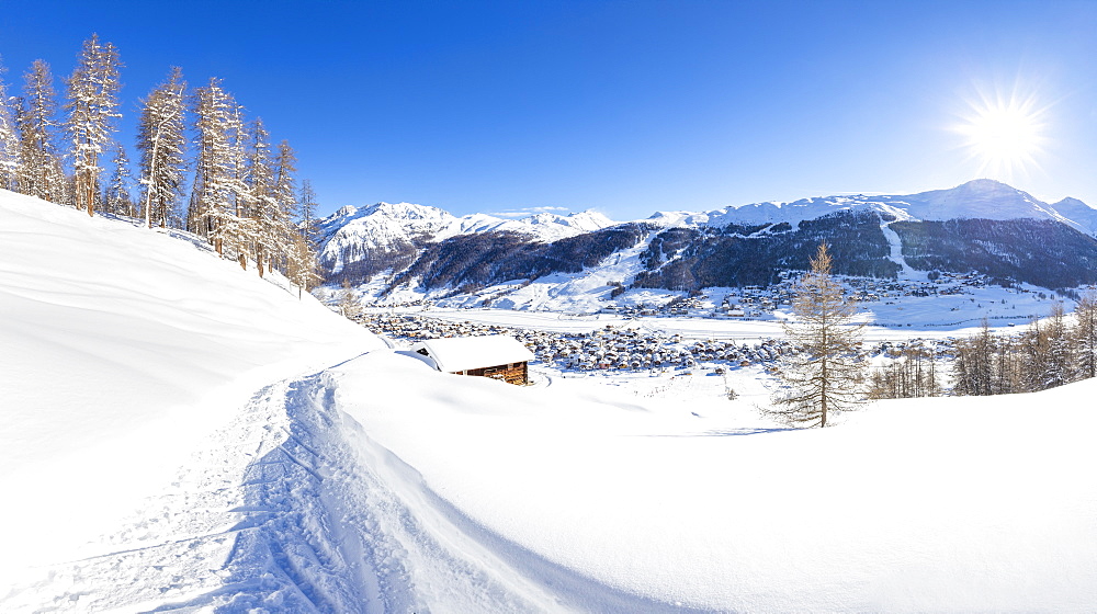 Panoramic view of a winter path with a traditional hut in the winter scenery, Livigno, Valtellina, Lombardy, Italy, Europe