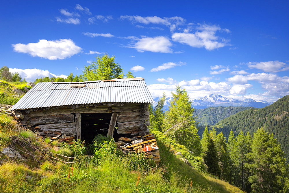 Old hut with Rhaetian Alps in the background, Valgerola, Orobie Alps, Valtellina, Lombardy, Italy, Europe