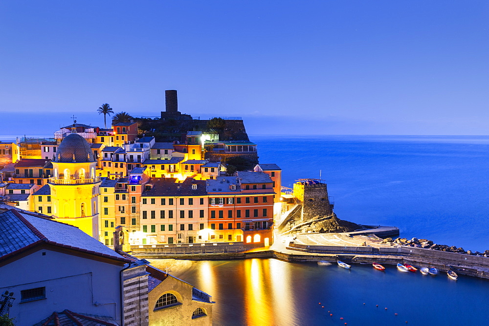 Village of Vernazza at dusk, Cinque Terre, UNESCO World Heritage Site, Liguria, Italy, Europe