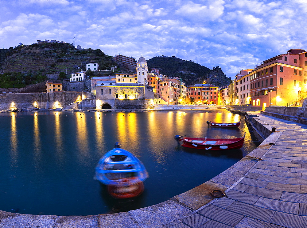 Moored boats in the port of Vernazza at dusk, Cinque Terre, UNESCO World Heritage Site, Liguria, Italy, Europe