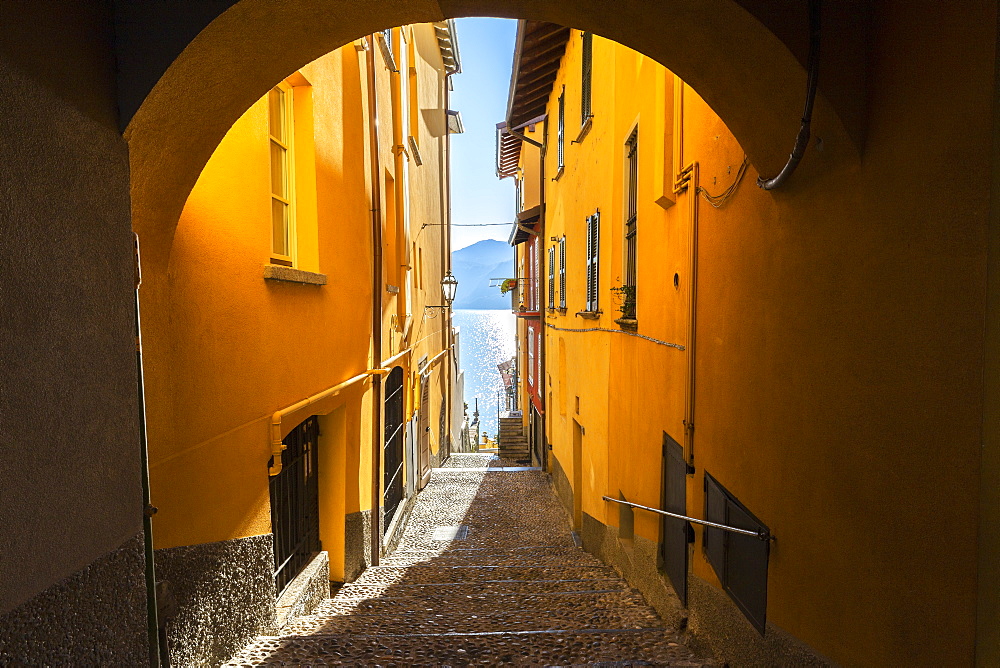 Colourful narrow alley in the old town of Varenna, Lake Como, Lombardy, Italian Lakes, Italy, Europe