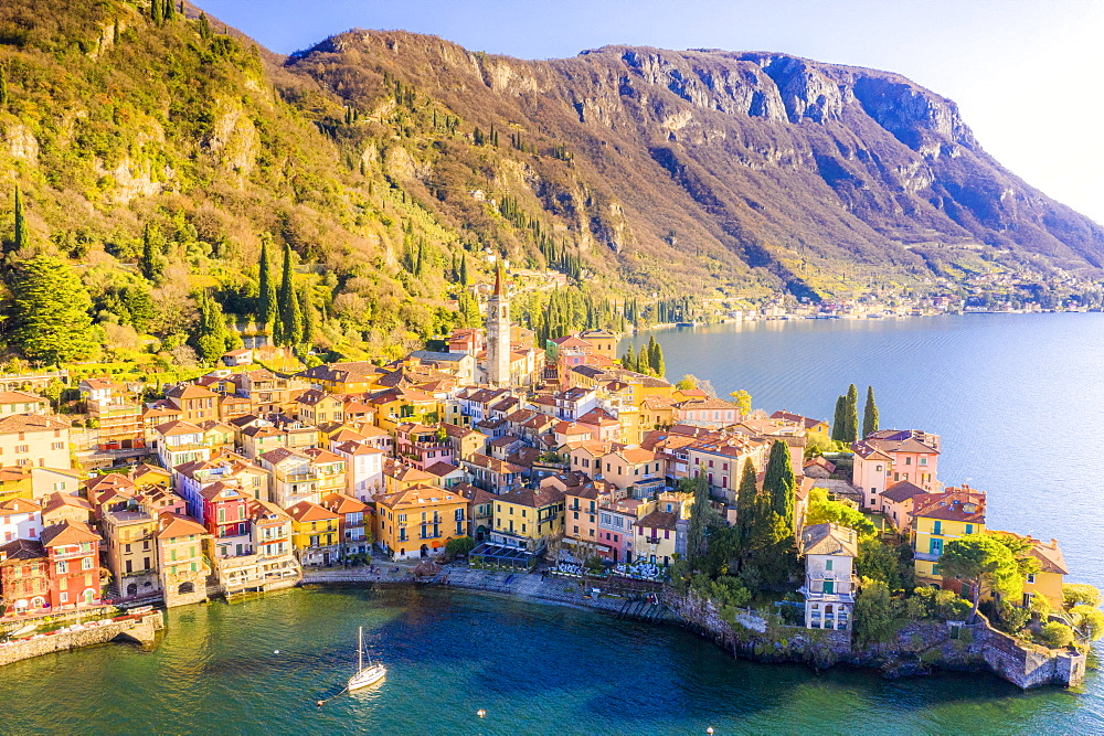 Aerial view by drone of Varenna, Lake Como, Lombardy, Italian Lakes, Italy, Europe