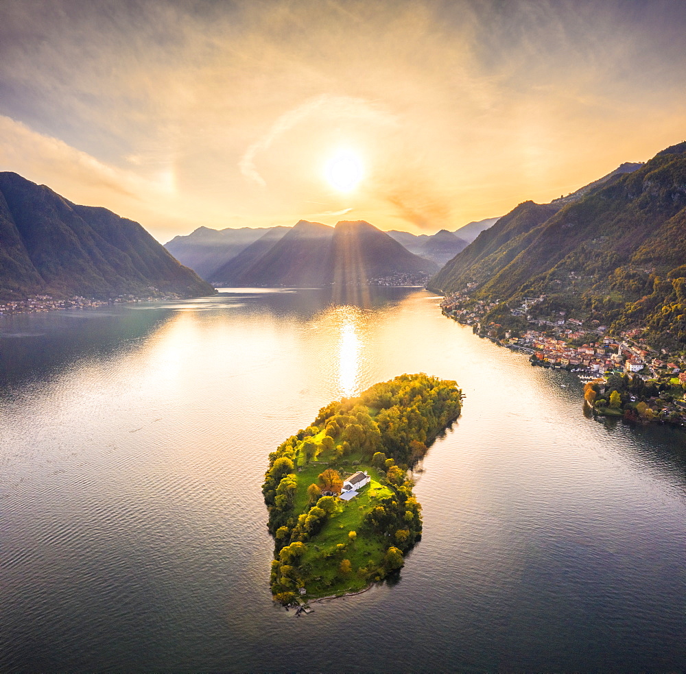 Aerial view of Comacina Island at sunset, Lake Como, Lombardy, Italian Lakes, Italy, Europe