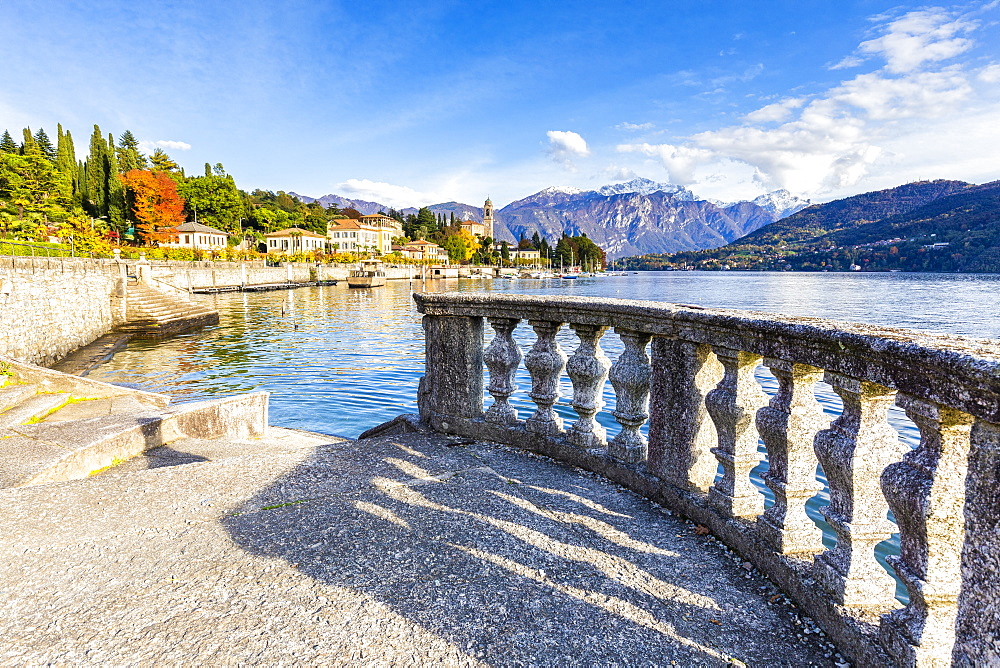 Lakeshore terrace with view of the village of Tremezzo, Lake Como, Lombardy, Italian Lakes, Italy, Europe