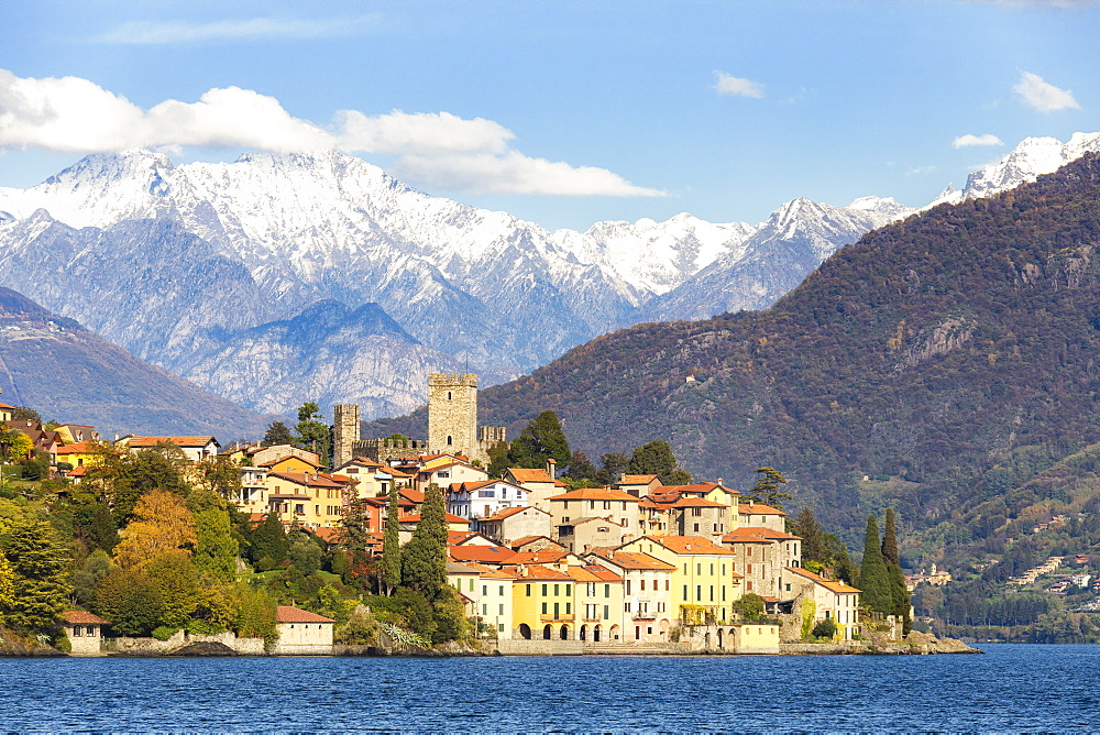 Village of Rezzonico with snowcapped mountains in the background, Lake Como, Lombardy, Italian Lakes, Italy, Europe