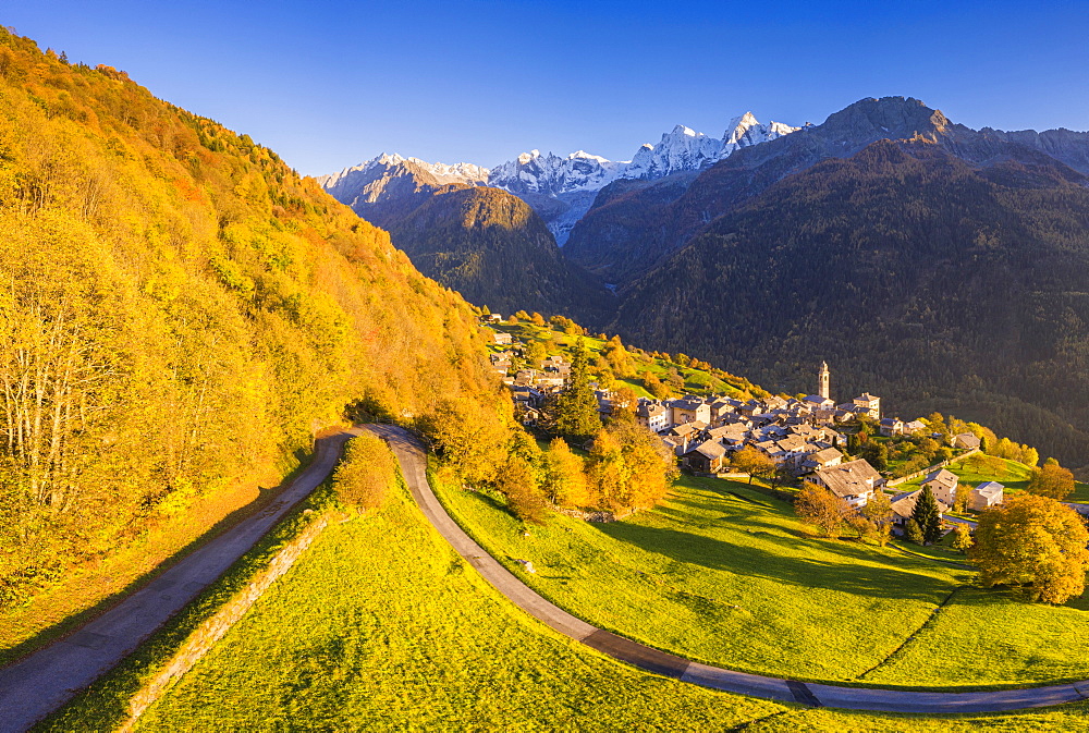 Aerial view of Soglio in autumn, Soglio, Bregaglia valley, Graubunden, Switzerland, Europe