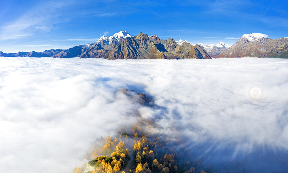 Fog covers the Valmalenco (Val Malenco) with the Disgrazia in the background and Brioken spectre, Valtellina, Lombardy, Italy, Europe