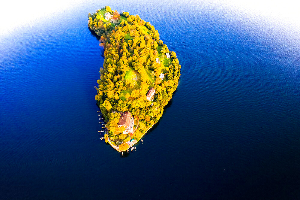 Aerial view of Comacina Island during autumn, Lake Como, Lombardy, Italian Lakes, Italy, Europe