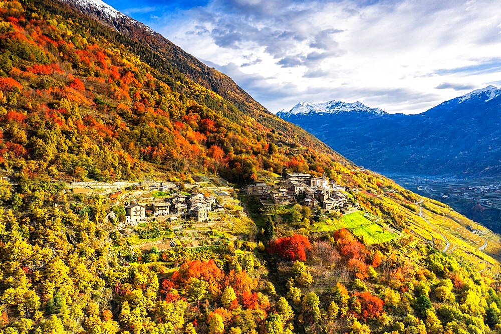 Aerial view of traditional village, Valtellina, Lombardy, Italy, Europe