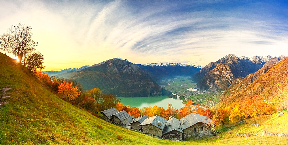 Panoramic view of the old village of chalets, Valchiavenna, Valtellina, Lombardy, Italy, Europe