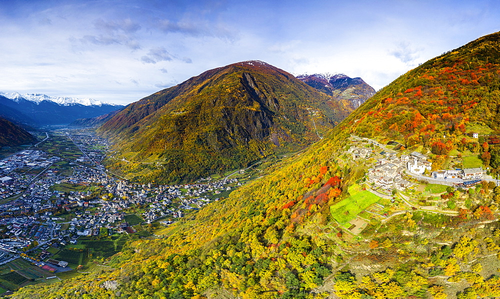 Aerial view of traditional village, Valtellina, Lombardy, Italy, Europe