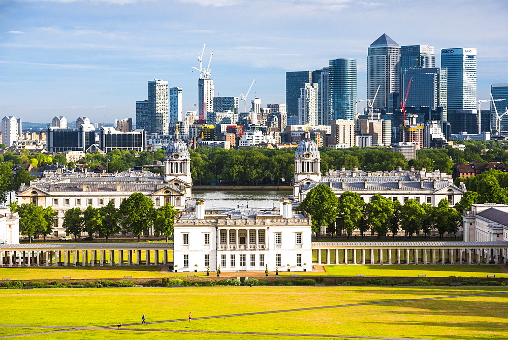 Old Royal Naval College, UNESCO World Heritage Site, Greenwich, seen from Greenwich Observatory, with Docklands beyong, London, England, United Kingdom, Europe