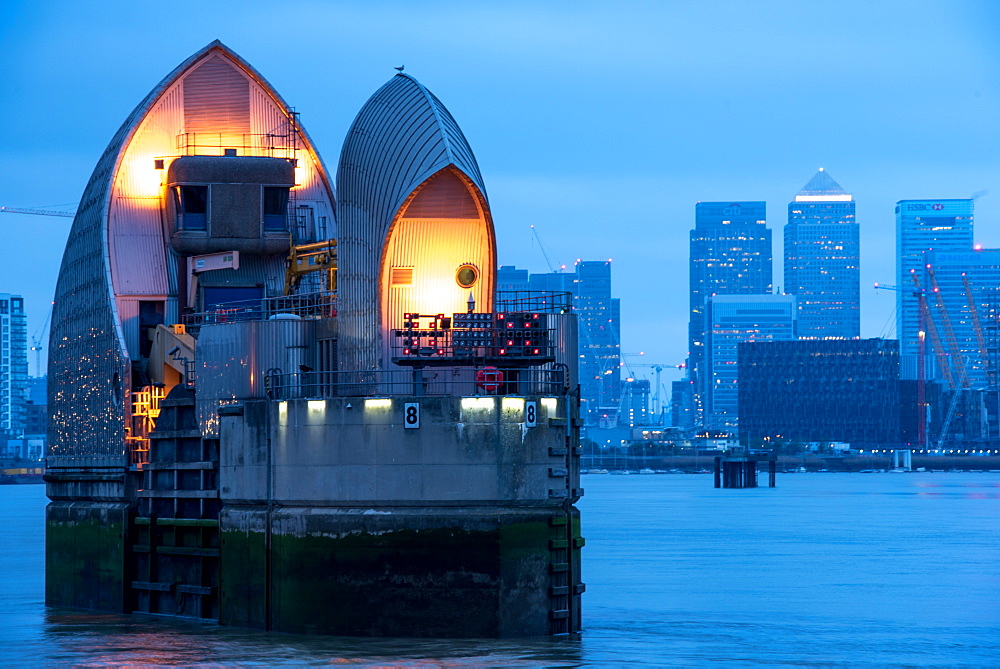 Thames Barrier on River Thames at dusk, Woolwich, London, England, United Kingdom, Europe