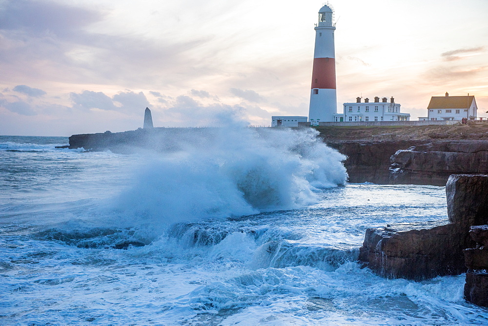 Crashing waves on Portland Bill Lighthouse in Portland on the Isle of Portland, Jurassic Coast, UNESCO World Heritage Site, Dorset, England, United Kingdom, Europe