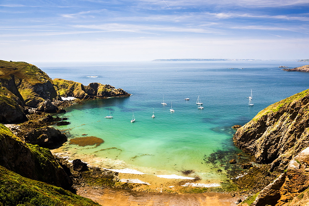 Sailing boats seen from La Coupee, Sark Island, Channel Islands, United Kingdom, Europe