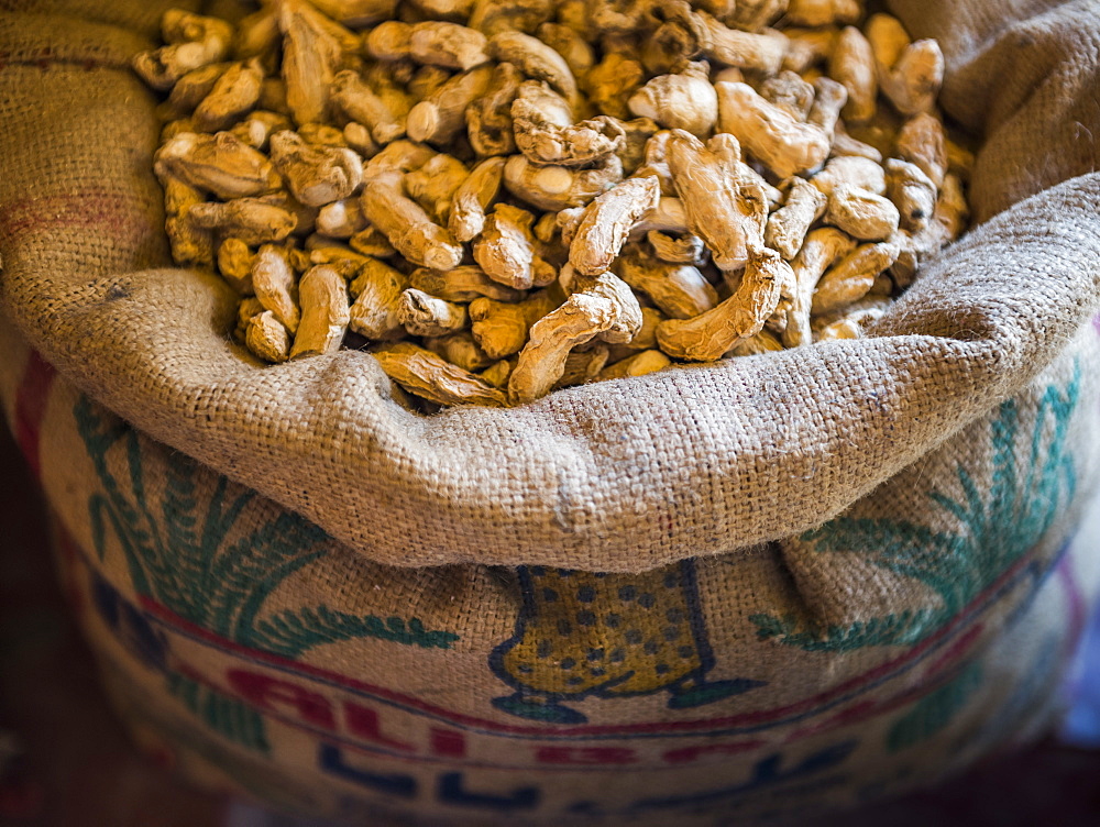 Ginger for sale at a spice market in Fort Kochi (Cochin), Kerala, India, Asia