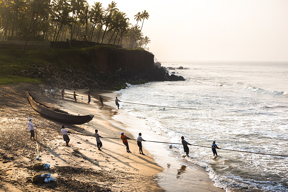 Fishermen at Kappil Beach, Varkala, Kerala, India, Asia