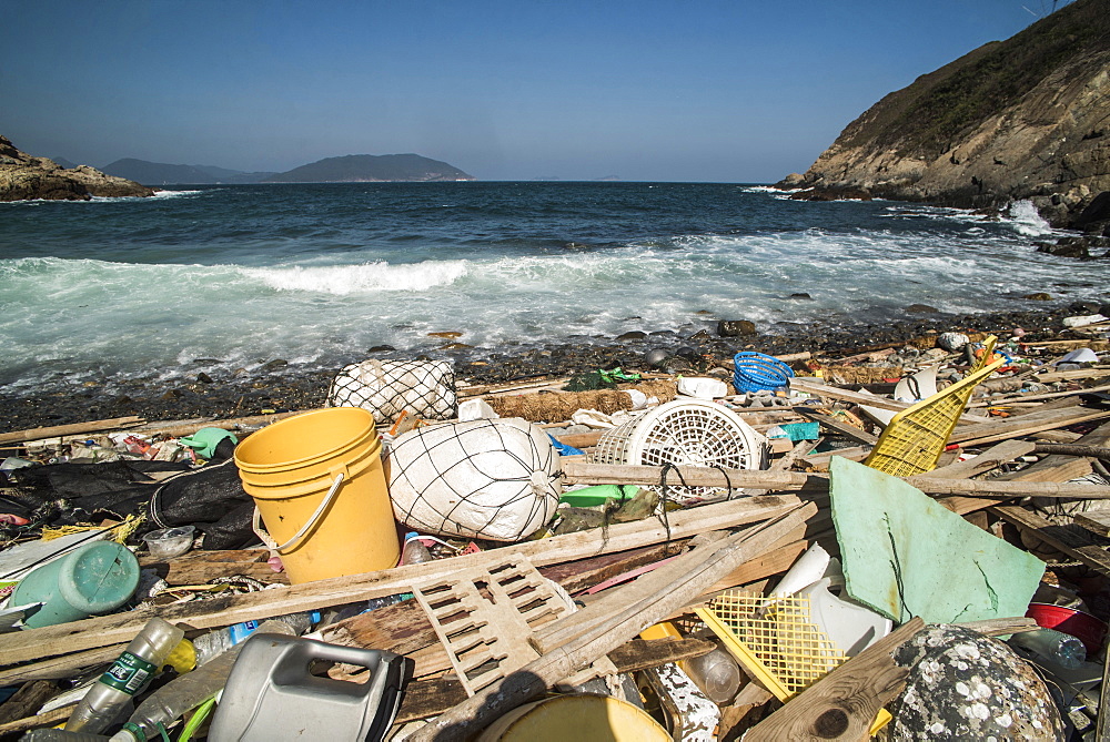 Beach covered in plastic rubbish, Lap Sap Wan, New Territories, Hong Kong, China, Asia