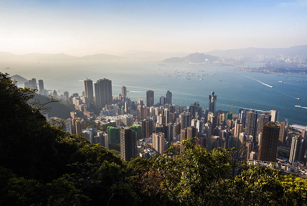 View over Victoria Harbour at sunset, seen from Victoria Peak, Hong Kong Island, Hong Kong, China, Asia