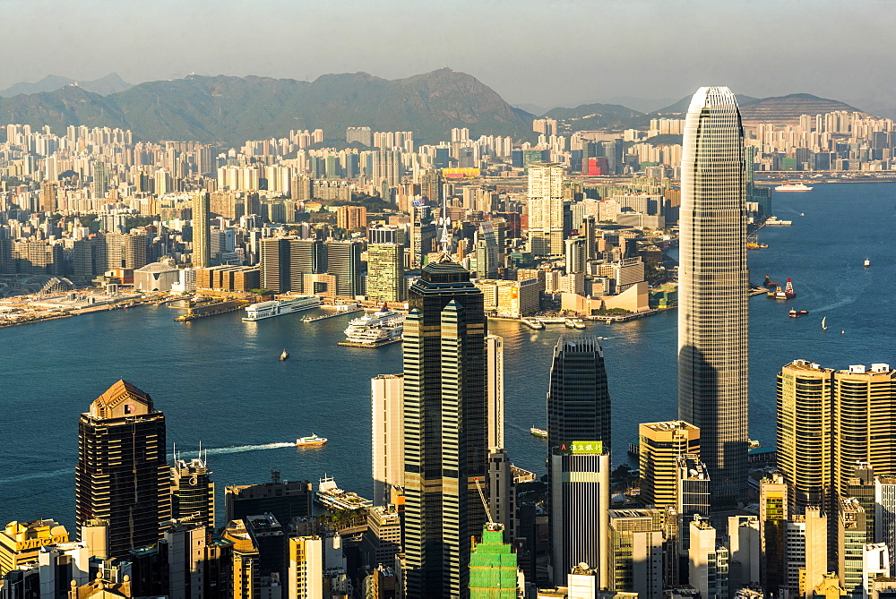 View across Victoria Harbour, from Hong Kong Island to Kowloon, seen from Victoria Peak, Hong Kong, China, Asia