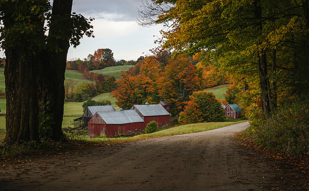 Classic view of the Jenne farm in a fall morning, Vermont, New England, United States of America, North America