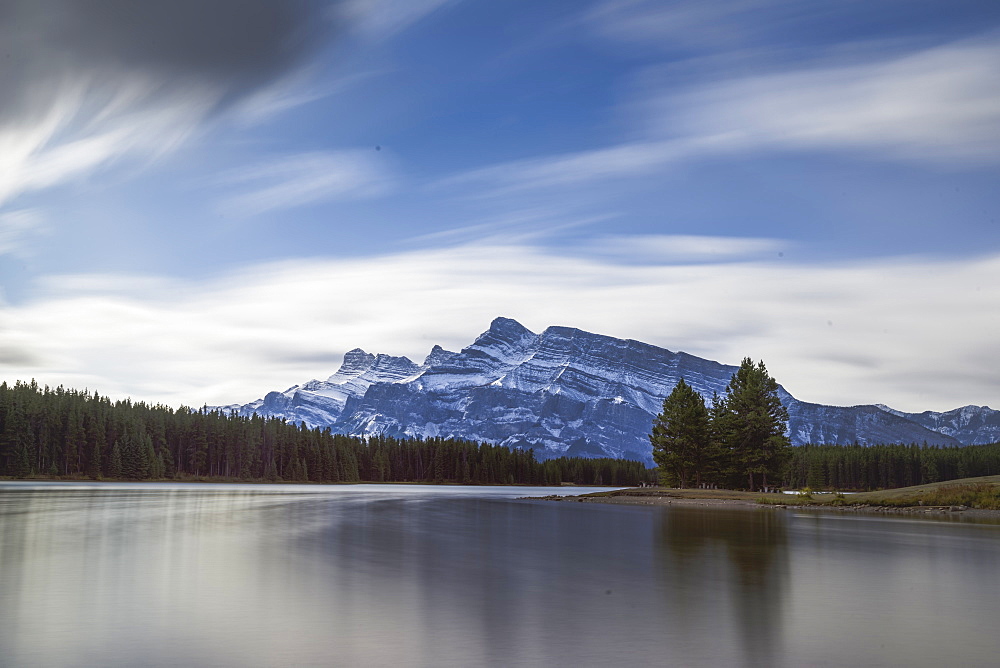 Long exposure landscape of the Two Jack Lake in the Banff National Park, UNESCO World Heritage Site, Canadian Rockies, Alberta, Canada, North America