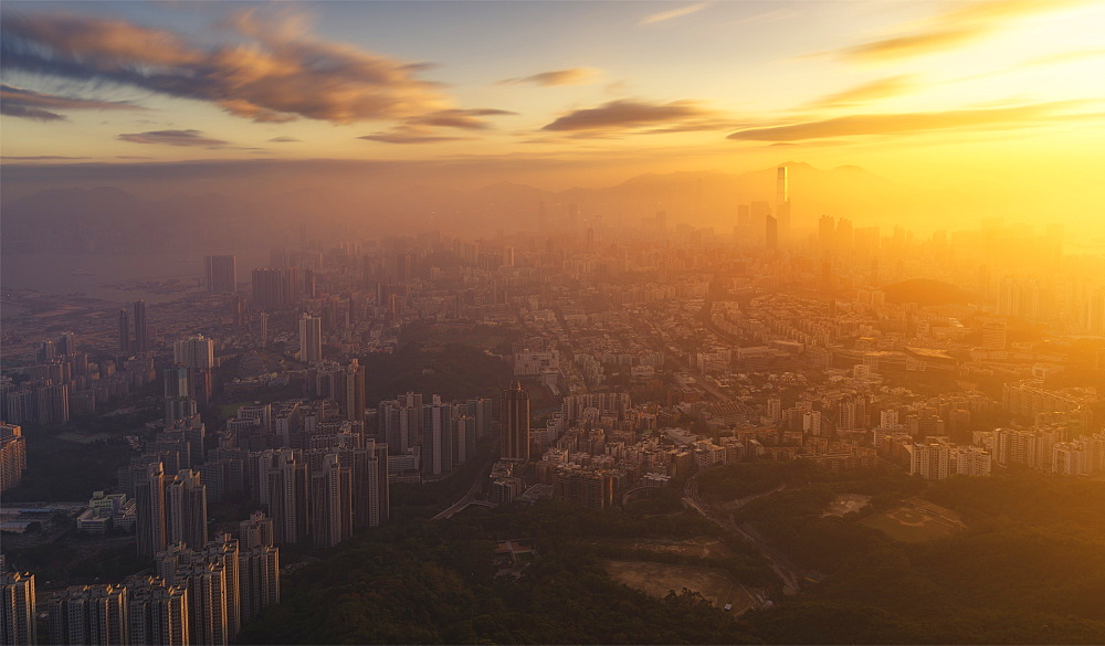 Kowloon and Hong Kong city view at sunset from the Lion Rock mountain peak, Hong Kong, China, Asia