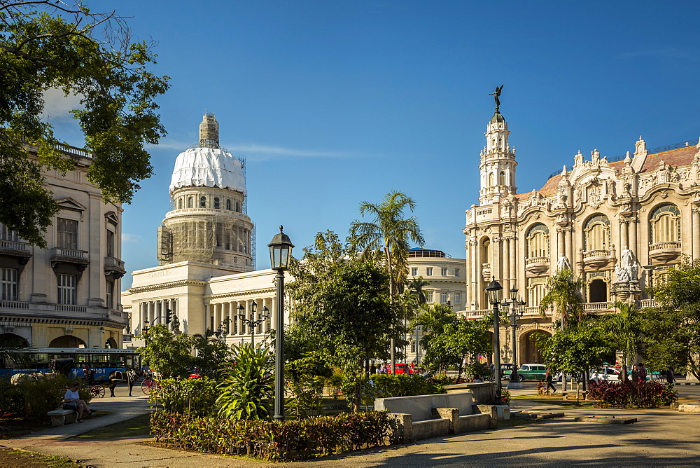 The Gran Teatro de La Habana, El Capitolio and Parque Central in Havana, Cuba, West Indies, Caribbean, Central America