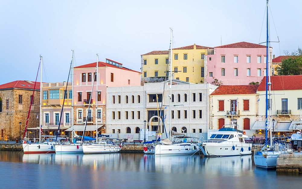 The Venetian Harbour at dusk, Chania, Crete, Greek Islands, Greece, Europe