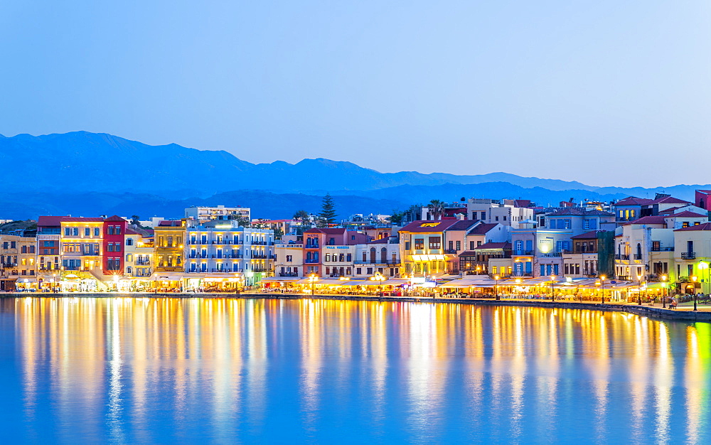 The Venetian Harbour at dusk, Chania, Crete, Greek Islands, Greece, Europe