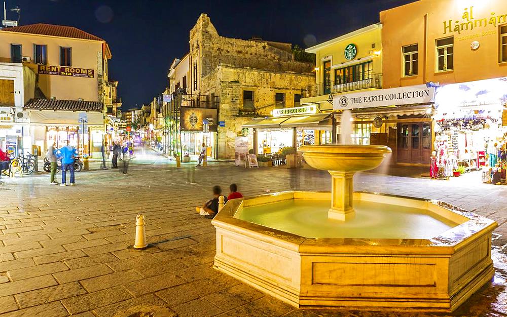 Venetian fountain at night, Chania, Crete, Greek Islands, Greece, Europe