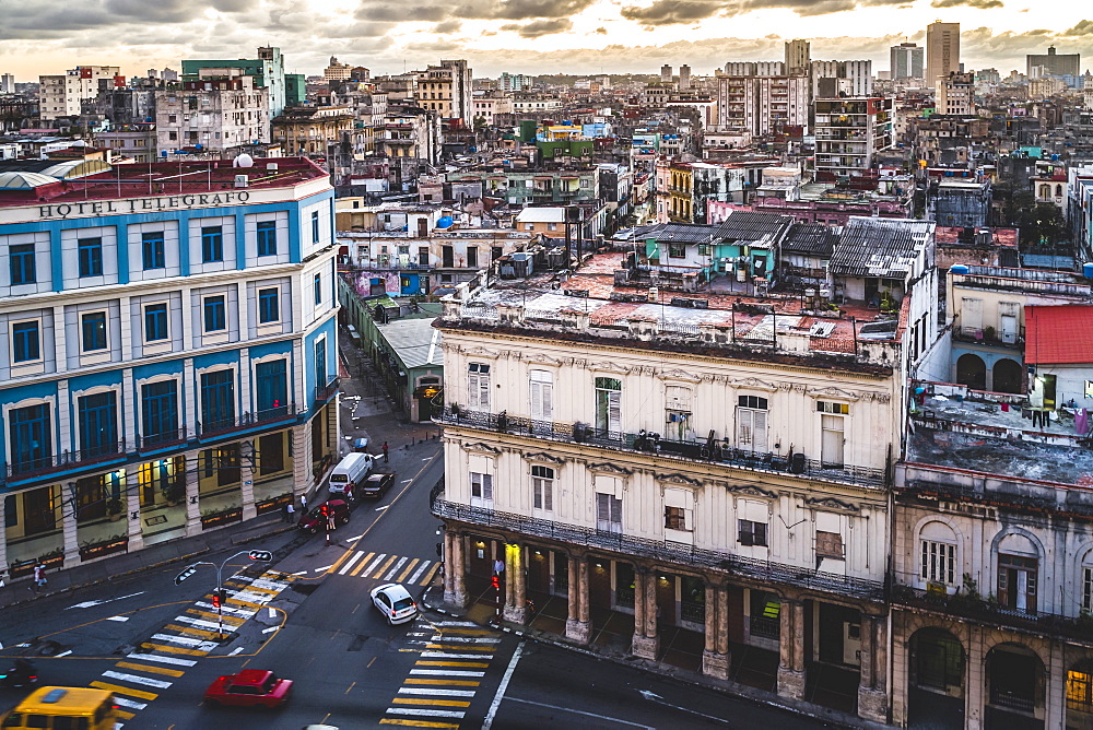 La Habana skyline at sunset, Havana, Cuba, West Indies, Caribbean, Central America