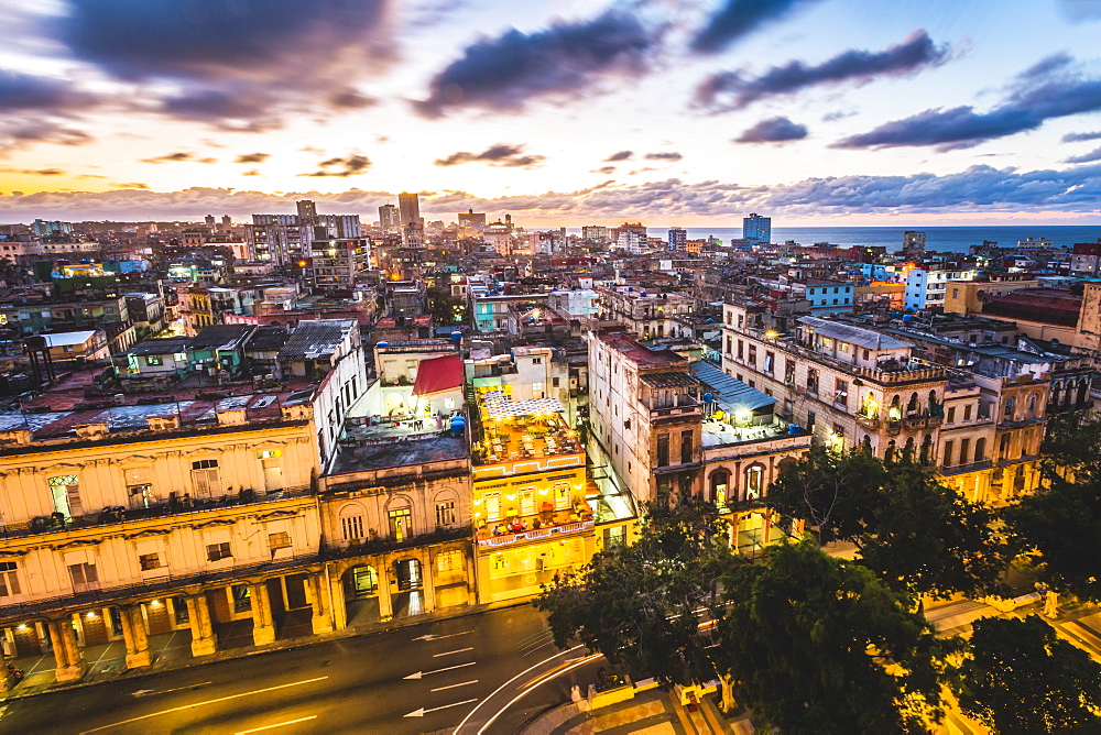 La Habana skyline at sunset, Havana, Cuba, West Indies, Caribbean, Central America