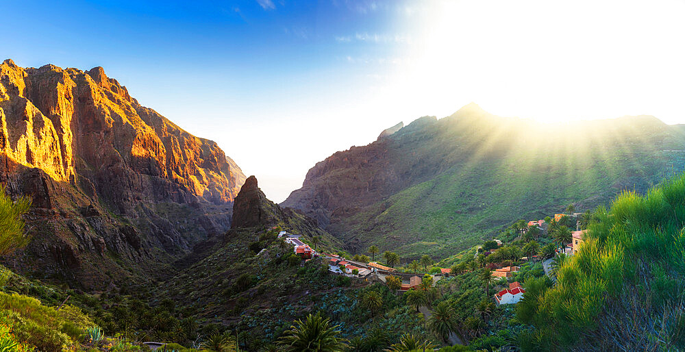 Panoramic aerial view over Masca village, the most visited tourist attraction, Tenerife, Canary Islands, Spain, Atlantic, Europe