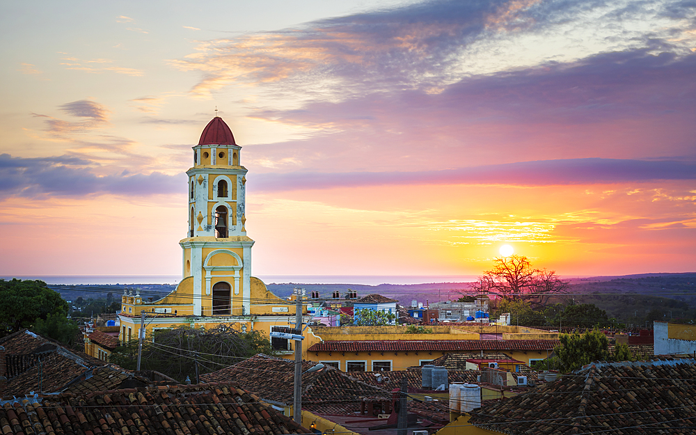 View of Bell Tower and Trinidad at sunset, UNESCO World Heritage Site, Sancti Spiritus, Cuba, West Indies, Caribbean, Central America