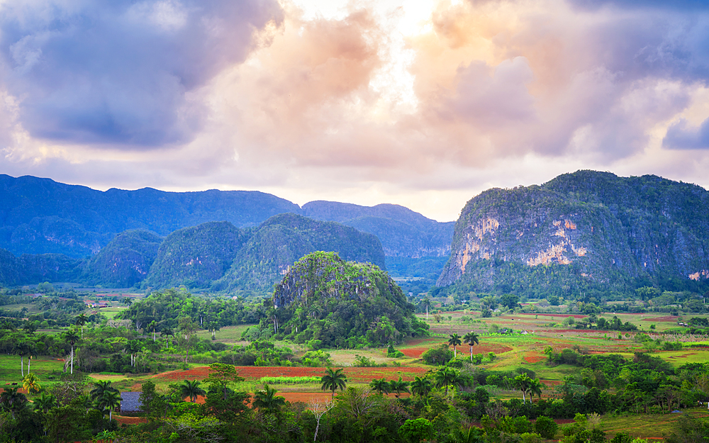 View of Vinales Valley at sunset, UNESCO World Heritage Site, Pinar del Rio Province, Cuba, West Indies, Caribbean, Central America