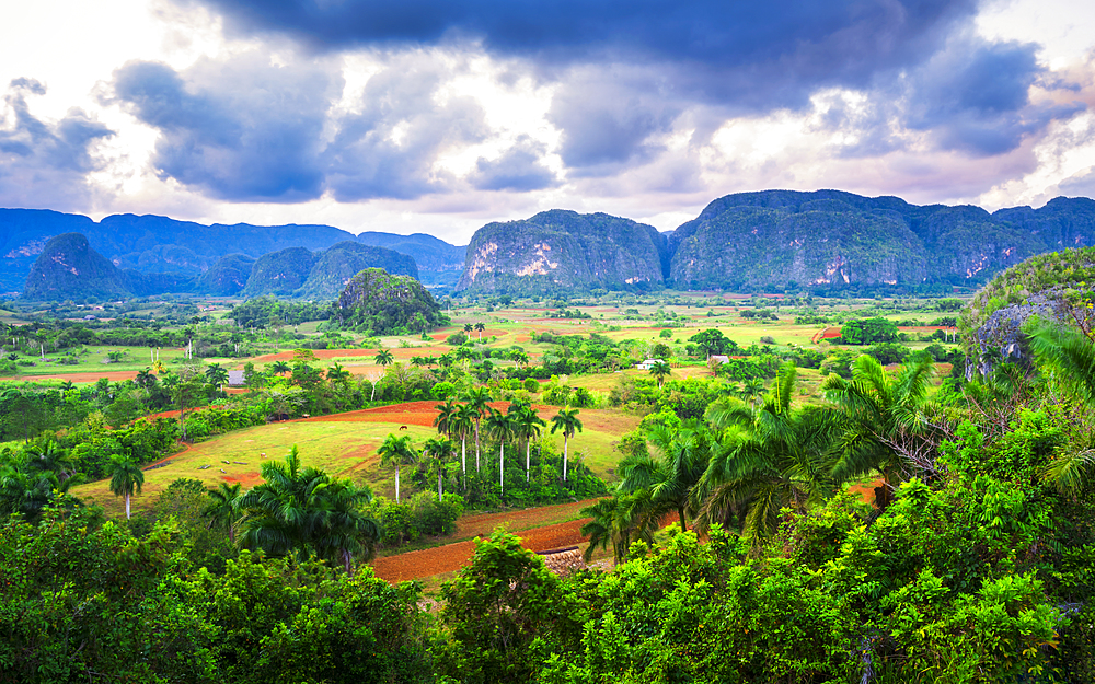 View of Vinales Valley at sunset, UNESCO World Heritage Site, Pinar del Rio Province, Cuba, West Indies, Caribbean, Central America