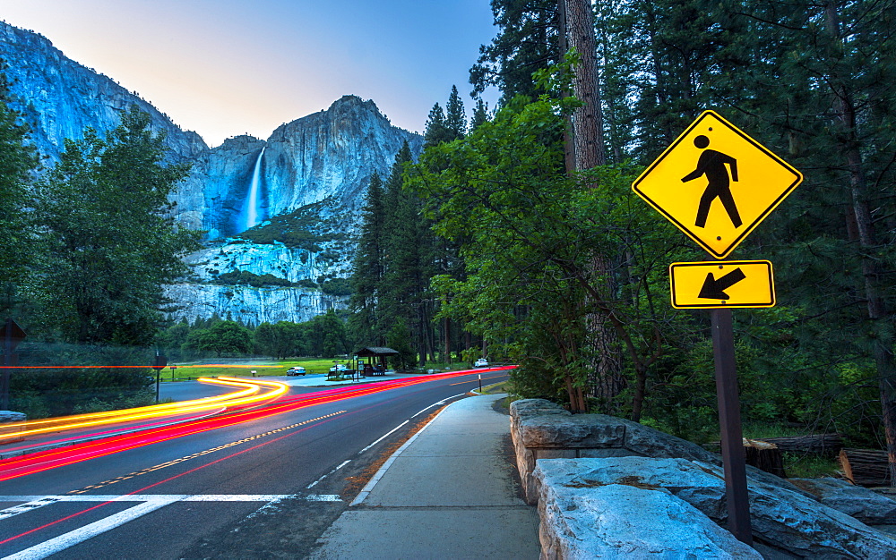 Yosemite Falls and car trail lights, Yosemite National Park, UNESCO World Heritage Site, California, United States of America, North America